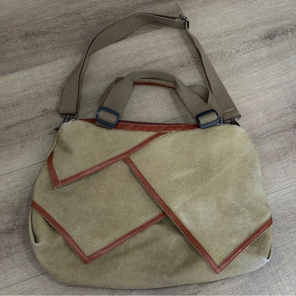 Canvas Shoulder Bag Duffle Style Tote 20W X 13” Length 2 Grab Handles Long Strap